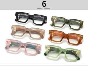 Flat lay of thick square frame anti-blue light glasses in six assorted trendy colors
