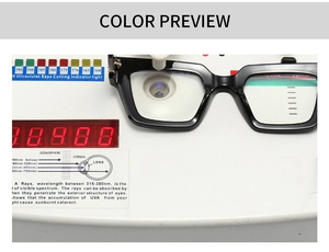 Blue light blocking test on square frame glasses showing 400nm UV protection testing