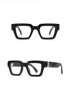 Front and 45-degree side view of black thick-frame glasses with marble pattern temples