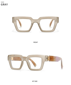 Front and 45-degree side view of thick-frame gray translucent blue light glasses