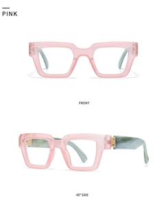 Front and 45-degree side view of pink transparent square blue light blocking glasses