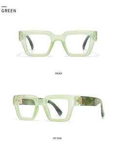 Detailed view of green rectangle glasses frame with marble pattern temples and gold hinges