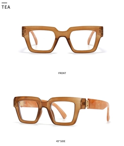 Front and 45-degree side view of retro thick-frame square tea-colored blue light glasses