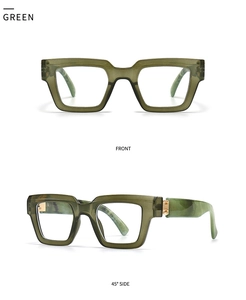 Deep olive green thick square frames with gold hinges showing front and 45-degree views