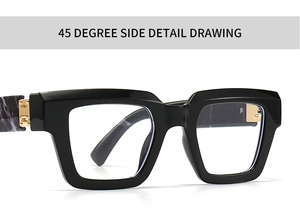 Close-up of black square frames with gold metal accents and marble pattern temples
