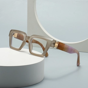 Retro thick frame blue light blocking glasses in translucent grey and marble finish