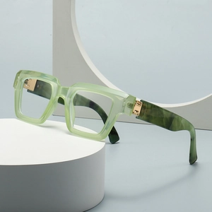 Retro light green translucent glasses frames with marble pattern temples and metal hinges
