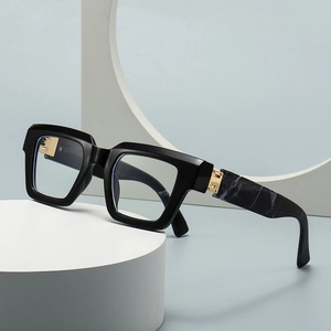 Chic black square frame blue light blocking glasses with marble pattern temples