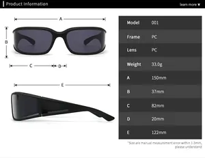 Detailed size specifications for square modern sunglasses with PC frame and lens measurements