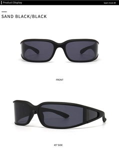 Modern sand black sunglasses with gray lenses shown in front and 45-degree side views