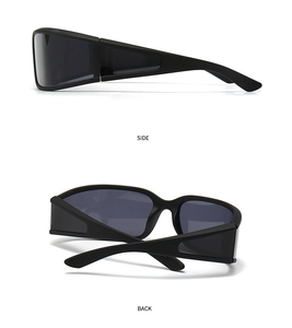 Detailed side and back view of black wrap-around sporty sunglasses with wide frames