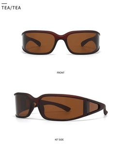 Detailed front and side views of vintage red-brown wrap sunglasses with tea lenses