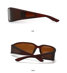 Side and back view of dark brown wrap-around sports sunglasses with tea-tinted lenses