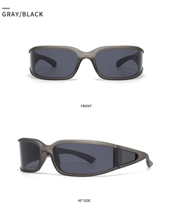 Front and 45-degree side views of modern gray matte square sunglasses with black lenses