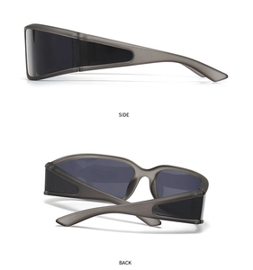 Side and back view of matte grey oversized athletic sunglasses with UV lenses