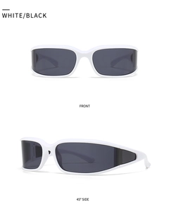 Front and 45-degree side views of modern white wraparound sports sunglasses with black lenses