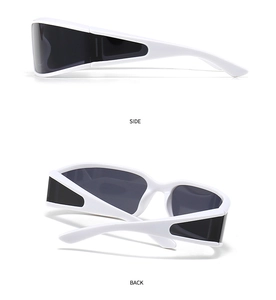 Side and back view of white bold frame square sports sunglasses with dark lenses