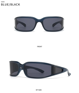 Front and 45-degree side view of blue and black Y2K retro wraparound sport sunglasses