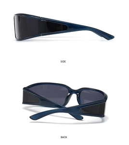 Side and back view of blue glossy sports sunglasses with wraparound dark lenses