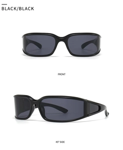 Front and side view of modern rectangular black sunglasses with glossy frames