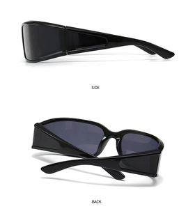 Side and back view of black wrap-around sporty sunglasses with dark grey polarized lenses