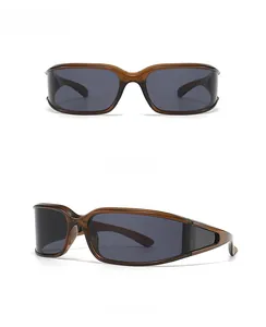Detailed front and side views of tea-colored wrap-around sunglasses with black lenses