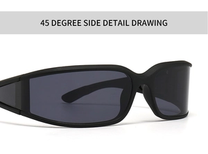 Detailed 45-degree side view of matte black wrap-around sports sunglasses frames
