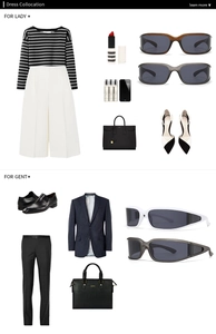 Styling layout featuring modern square sunglasses with luxury accessories and apparel