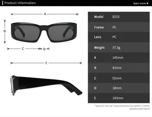 Size chart for model 9210 rectangular sunglasses with PC frame and lens specifications