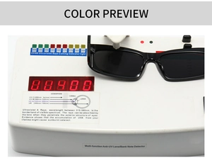 Close-up of black frame sunglasses undergoing UV400 protection test on professional device