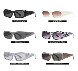 Six colors of rectangular sunglasses with wide temples displayed in a flat lay matrix