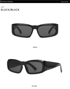 Front and side view of modern black rectangular sunglasses with dark lenses