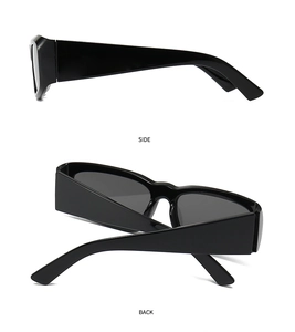 Side and back view of modern black thick-frame sunglasses with dark lenses