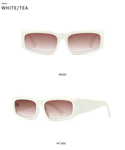 Detailed view of white rectangular sunglasses with tea gradient lenses in front and side views