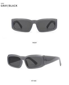 Detailed front and side views of gray and black square vintage sunglasses frames