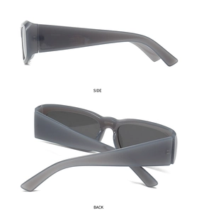Side and back view of modern square sunglasses with grey translucent frames and wide temples
