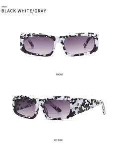 Front and 45-degree side views of black and white cow print square sunglasses with gradient lenses