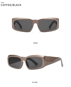 Front and side view of coffee rectangular sunglasses with thick temples and UV lenses
