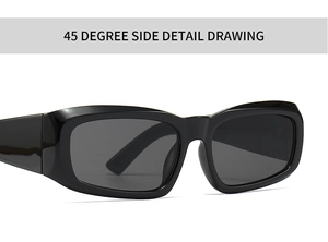 Detailed 45-degree side view of black vintage square sunglasses with wide temples