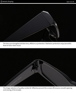 Close-up of durable reinforced hinges and lens thickness on modern square sunglasses