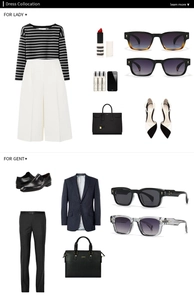 Flat lay di occhiali da sole rotondi retrò con outfit eleganti e professionali coordinati