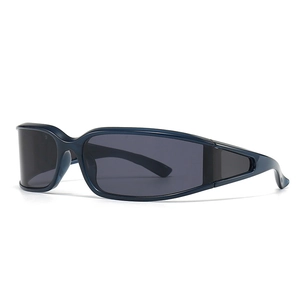 Modern wraparound navy blue square sunglasses with dark grey lenses in a 45-degree view