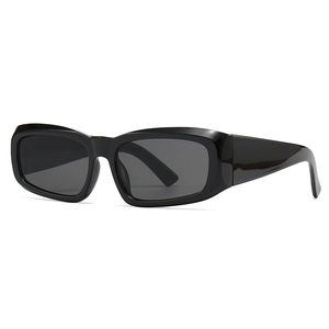 Modern black square frame sunglasses with dark grey lenses in a minimalist retro style