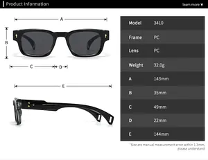 Detailed sizing guide and technical dimensions for these vintage style PC square sunglasses