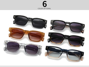 Detailed display of six stylish vintage rectangle sunglasses with gold arrow metal trim