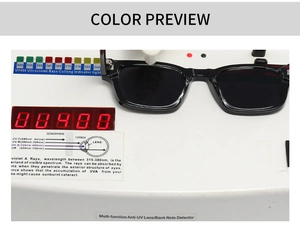 Testing UV400 protection level on classic black square frame sunglasses with device