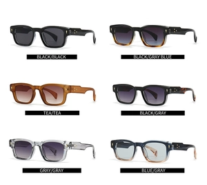 Detailed grid showing square sunglasses with iconic metal arrow rivets in six colors