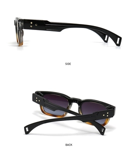 Side and back view of retro black and tortoiseshell sunglasses with star metal rivets