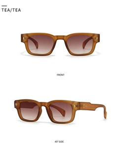 Front and side view of retro amber tortoiseshell square sunglasses with gold rivet details