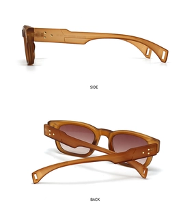 Side and back view of brown rectangular sunglasses with gold rivets and gradient lenses